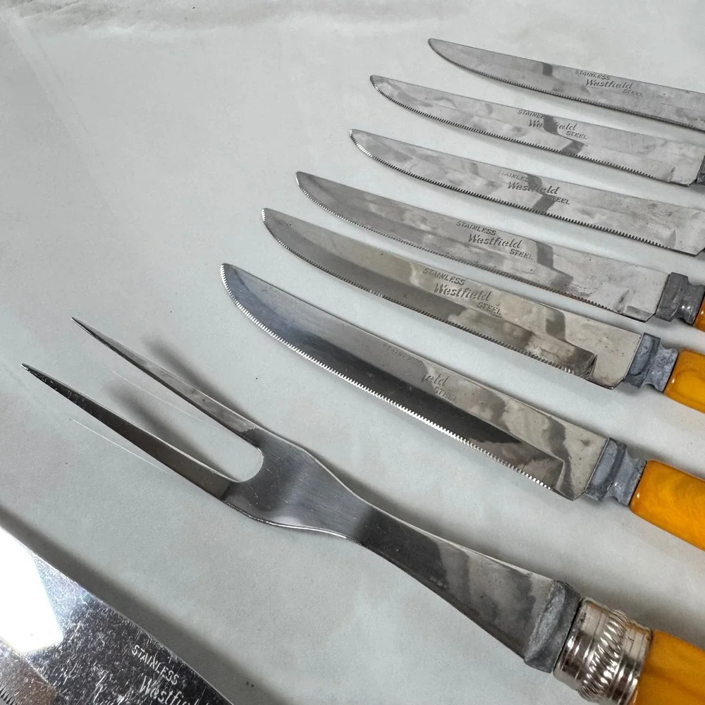 Westfield Stainless Carving Knife Fork 6 Steak Knives Set Butterscotch Bakelite